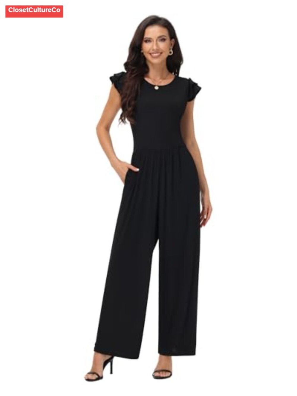 Women's Ruffle Cap Sleeve Wide Leg Jumpsuit with Pockets High Waist Crew Neck
